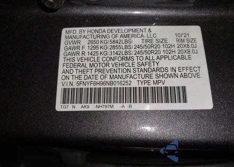 2022 Honda Pilot Awd Touring 8 Passenger from USA, damaged, VIN 5FNYF6H96NB016252